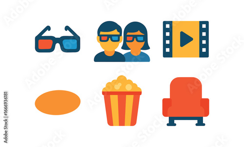 vector colorful filled icons watching movie together (3D glasses): glasses outline two faces film strip shadow smear popcorn dot seat line.