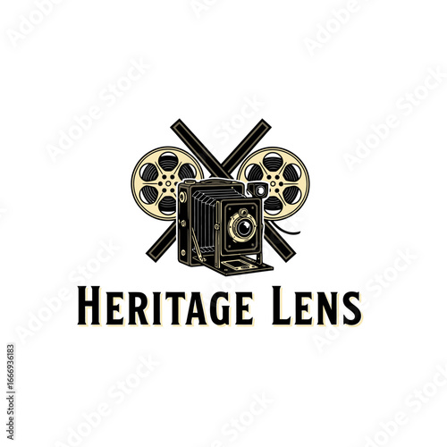 Vintage camera and film reels logo design.  Heritage Lens.