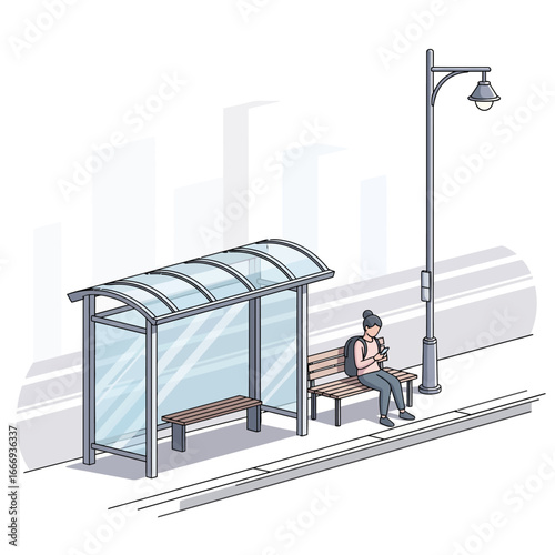 Isometric illustration of a commuter waiting at a bus stop on a city street with a lamppost and buildings