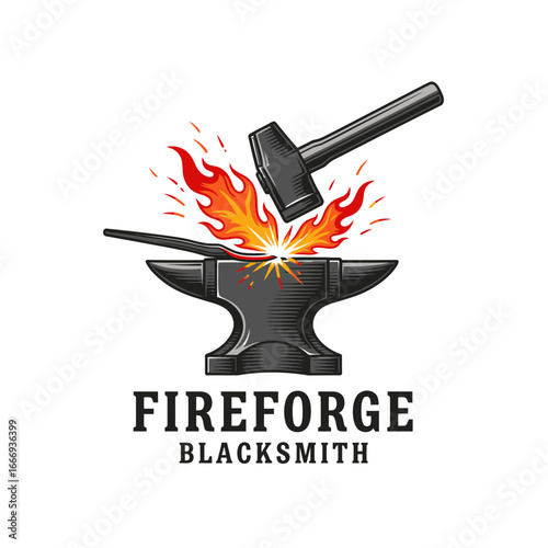 Blacksmith logo design featuring a hammer striking an anvil with fiery sparks.