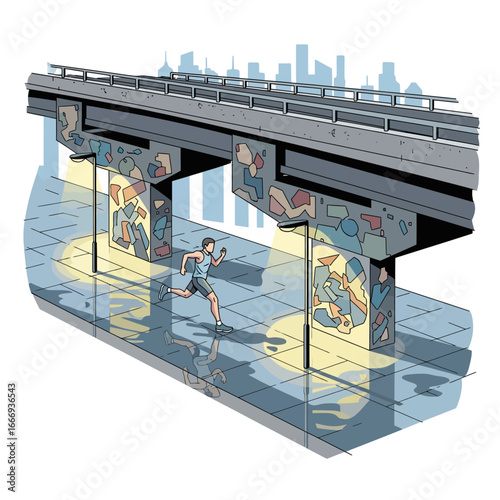 Urban runner jogging under a graffiti-covered highway overpass in a modern city