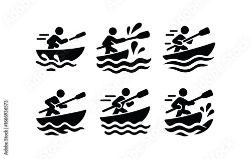 vector solid black filled icons canoe jousting (abstract): silhouettes splashing arcs motion lines stylized waves bold colors dynamic angles.