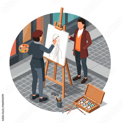 Isometric street artist painting a portrait of a person in a public space, with an easel and art supplies