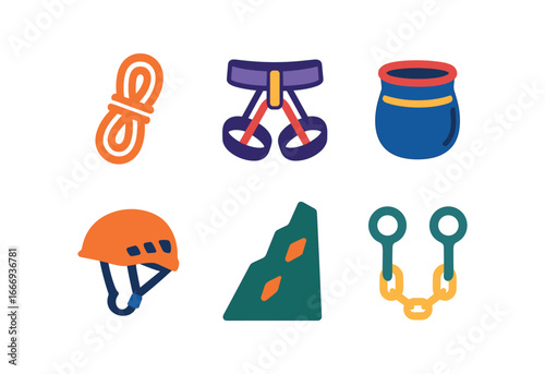 vector colorful filled icons crag (climbing route): rope harness chalk bag helmet steep face anchor points.