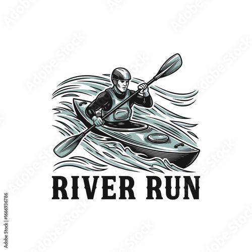 A dynamic logo depicting a kayaker navigating a river.