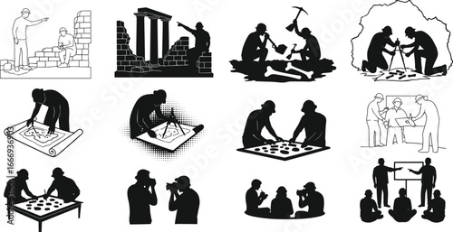 Archaeologists excavating ancient ruins, analyzing artifacts, studying maps, teamwork in historical research, excavation process, cultural heritage discovery, scientific exploration