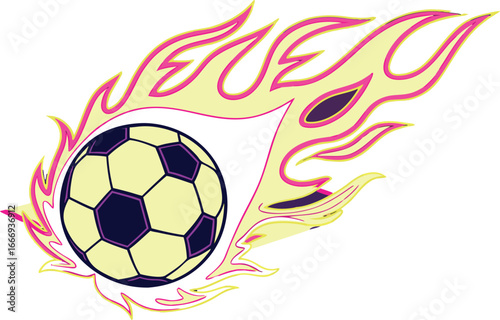 Soccer ball with pink and yellow flames on a white background Keywords: soccer, football, ball, sport, game, competition, championship, tournament, goal, score, win, victory, celebration, team vector 