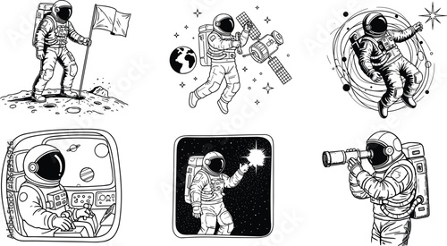 Astronaut vector illustrations set – space exploration, astronaut floating, moon landing, telescope viewing, spacewalk, satellite operation, cosmic journey.