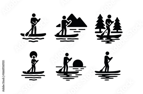 vector solid black filled icons paddleboarding (lake): calm surface mountain view green forest reflections clear sky relaxed stance.