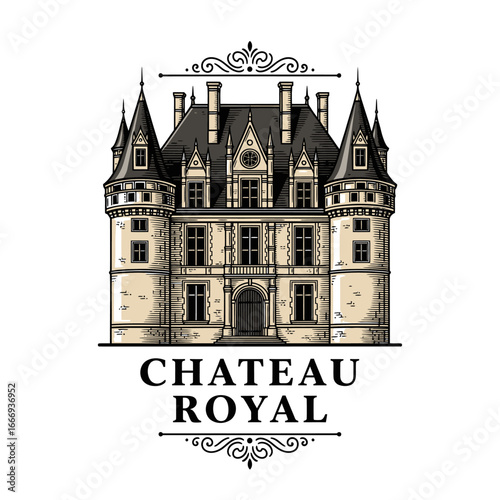 Elegant illustration of a grand Chateau Royal, showcasing French architecture.