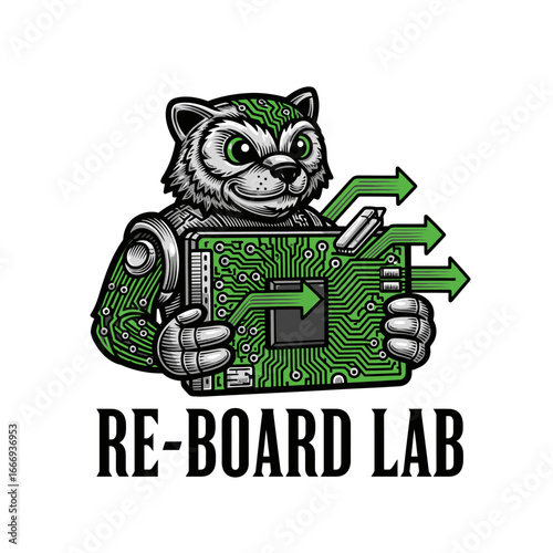 A robotic raccoon holding a circuit board.  Re-Board Lab logo.