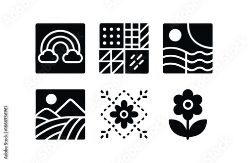 vector solid black filled icons quilt design (creative): rainbow colors themed patterns abstract art quilt landscape quilt embroidered details appliqué.