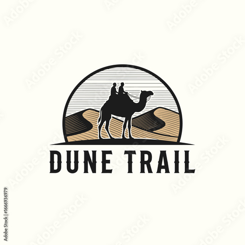 Camel silhouette on sand dunes. Adventure travel logo.