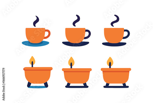 vector colorful filled icons candlelit bath (cup of tea): tea cup saucer outline swirl candle flame shadow smear tub rim.