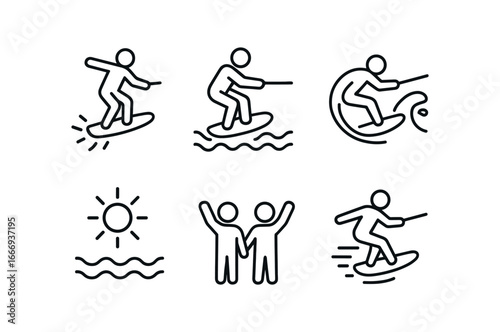 vector outline icons wakesurfing (trick move): jump spin bent knees splash arc sunny water cheering friends motion blur.
