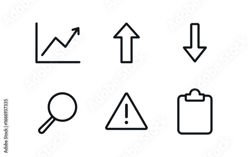 vector outline icons budget review session (variance analysis): line chart arrow up arrow down magnifier warning triangle clipboard.