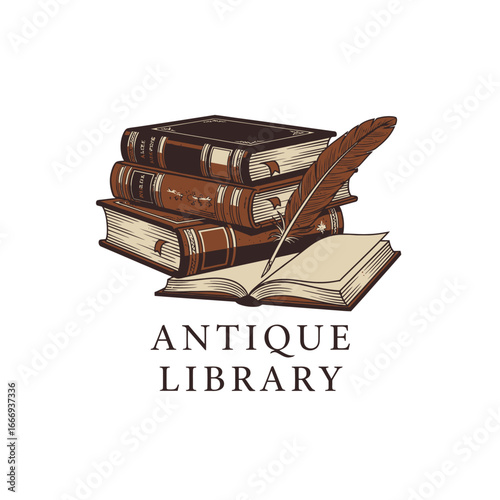 Vintage logo design featuring a stack of antique books and a quill pen.