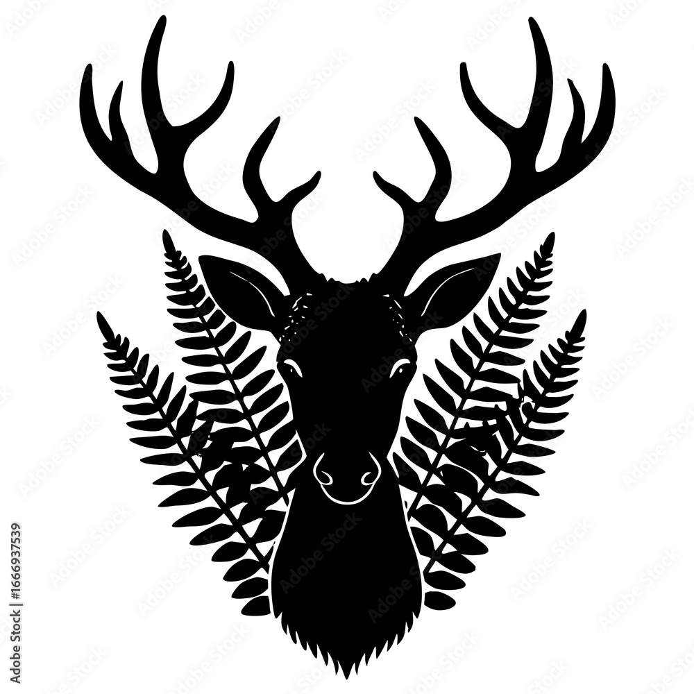 Fototapeta premium Silhouette of a deer with antlers and fern