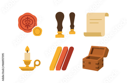 vector colorful flat filled icons stamp engraver (historic): ornate stamps brass tools parchment candlelight seal wax wooden box.