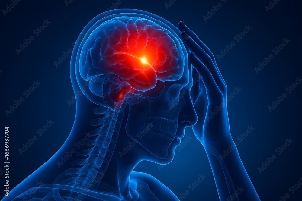 Obraz premium X-Ray Style Human Head in Profile Highlighting Glowing Brain Activity – Concept of Pain, Thought, and Anatomy