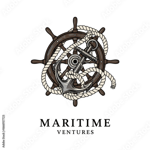A nautical logo featuring an anchor and ship's wheel.