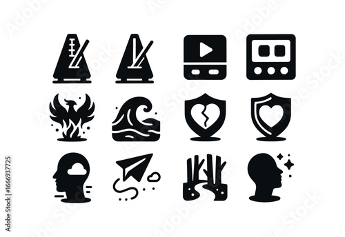 vector solid black filled icons Metronome (beat count): number display bar grid pointer line shadow smear highlight rim marker dot.