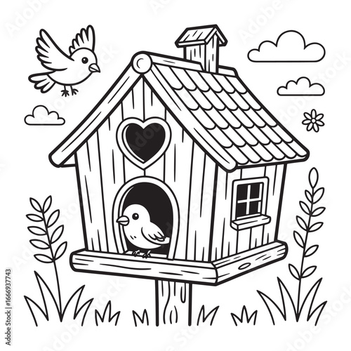 A charming birdhouse with two birds in a garden setting. A black and white coloring book page for children vector illustration