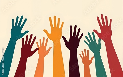 Group of raised up colorful hands different skin color tone of many people, Teamwork, Diversity people concept, Cultural and Ethnic diversity concept. High quality
