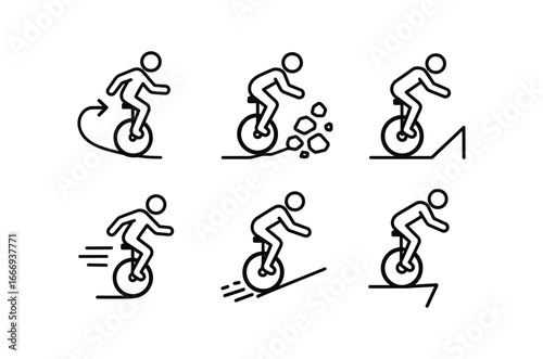 vector outline icons mountain unicycling (descent): sharp turn loose rocks leaning rider speed tire marks slope edge.