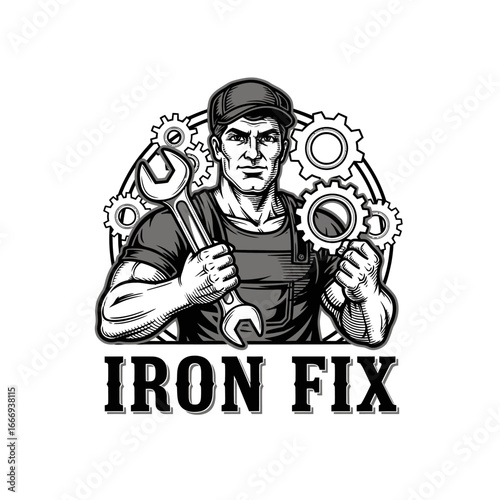 A powerful logo design featuring a strong mechanic holding a wrench, surrounded by gears.  Perfect for a repair or maintenance business.