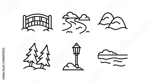 vector outline icons snow dusted forest (footbridge): wooden bridge icy stream snow piles leaning pines lantern bank.