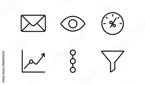 vector outline icons email campaign analytics (open rate): envelope icon eye symbol percent dial trend line data point filter icon.