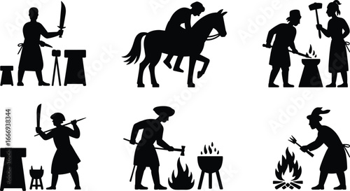 Blacksmith and warrior silhouettes, forging weapons, historical craftsmanship, fire and anvil work, medieval labor, horseman training, sword making art.