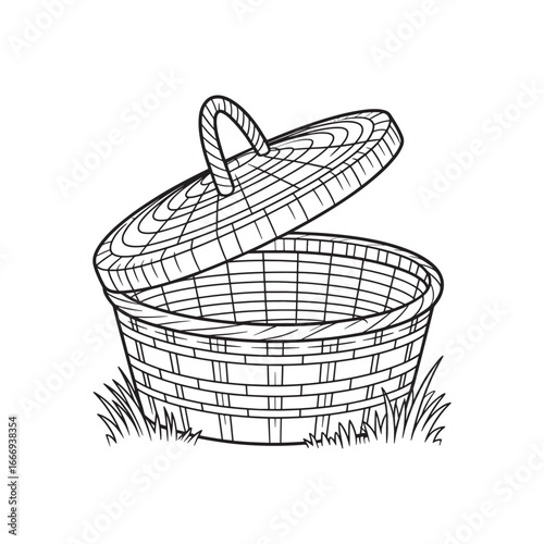 A hand-drawn sketch of a classic wicker picnic basket with an open lid. A black and white line art coloring page vector illustration