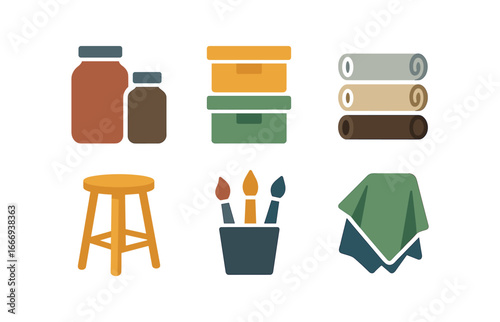 vector colorful filled icons charcoal set (studio shelf): jars storage boxes sketch rolls stool brushes cloths.