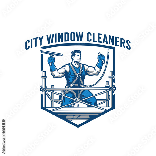 A strong man cleaning windows on a high rise building. Professional window cleaning services.