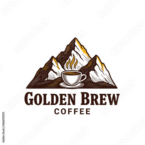 A logo for Golden Brew Coffee featuring a steaming cup nestled amidst majestic mountains.