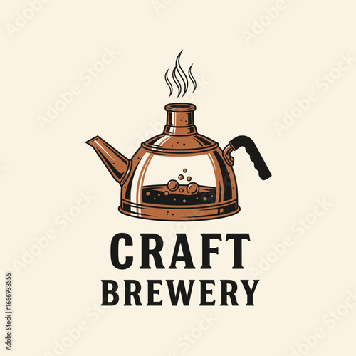 A vintage-style logo for a craft brewery, featuring a steaming kettle.