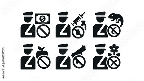 vector solid black filled icons customs officer (prohibited items): fake money illegal drugs exotic animal restricted food weapon replica endangered plant.