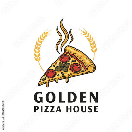 A logo for Golden Pizza House featuring a delicious pizza slice.