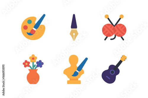 vector colorful flat filled icons stillheartedness (creative): brush painting calligraphy knitting flower arranging sculpting music practice.