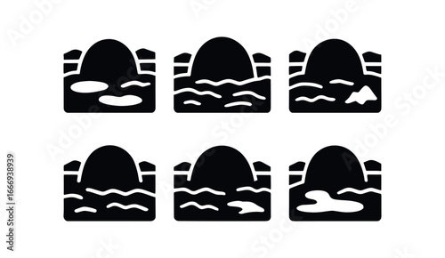 vector solid black filled icons pingo (aerial): dome shape surrounding tundra small lakes ridges snow patches distant hills.