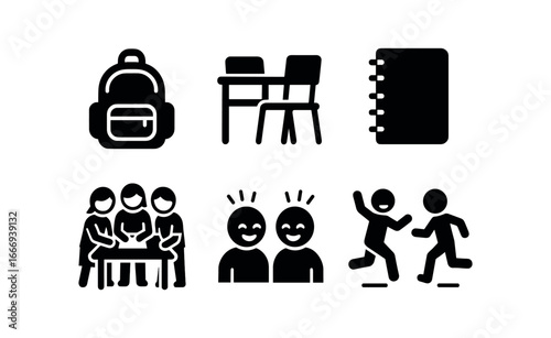 vector solid black filled icons preadolescence (school): backpacks desks notebooks group project laughter recess play.