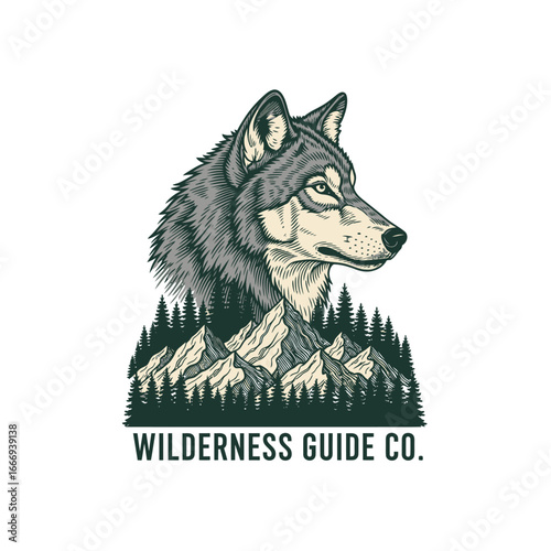 A majestic wolf's head, set against a backdrop of mountains and forest. Wilderness Guide Co. logo.