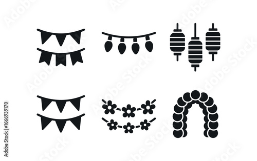 vector solid black filled icons local fair (decorations): pennant banners string lights paper lanterns bunting flags floral garlands balloon arches.