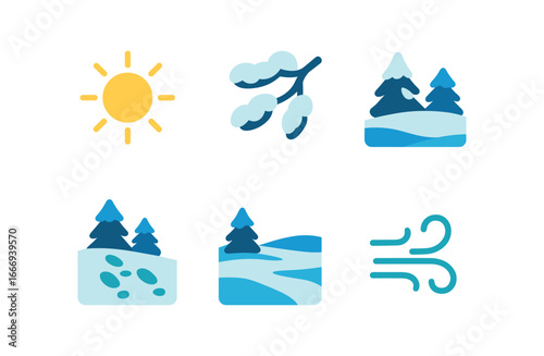 vector colorful flat filled icons snow covered glen (midday): bright sun blue shadows snow laden branches open clearing footprints fresh air.