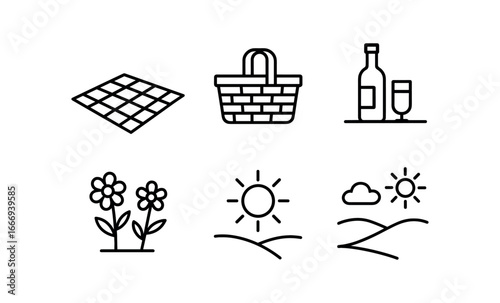 vector outline icons hilltop (picnic scene): blanket spread basket drinks wildflowers sunny sky open view.