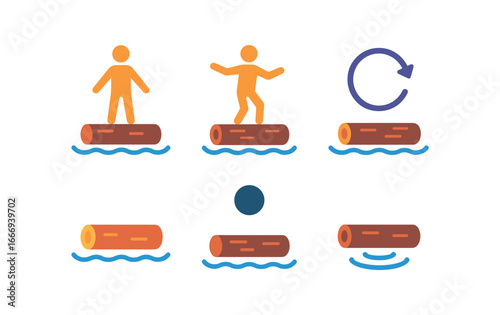 vector colorful flat filled icons log rolling (practice): single person balancing slow spin calm water focus gentle ripples.