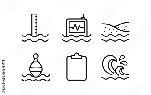 vector outline icons hydrologist (coastal survey): tide marker wave recorder sandy shore buoy clipboard ocean spray.