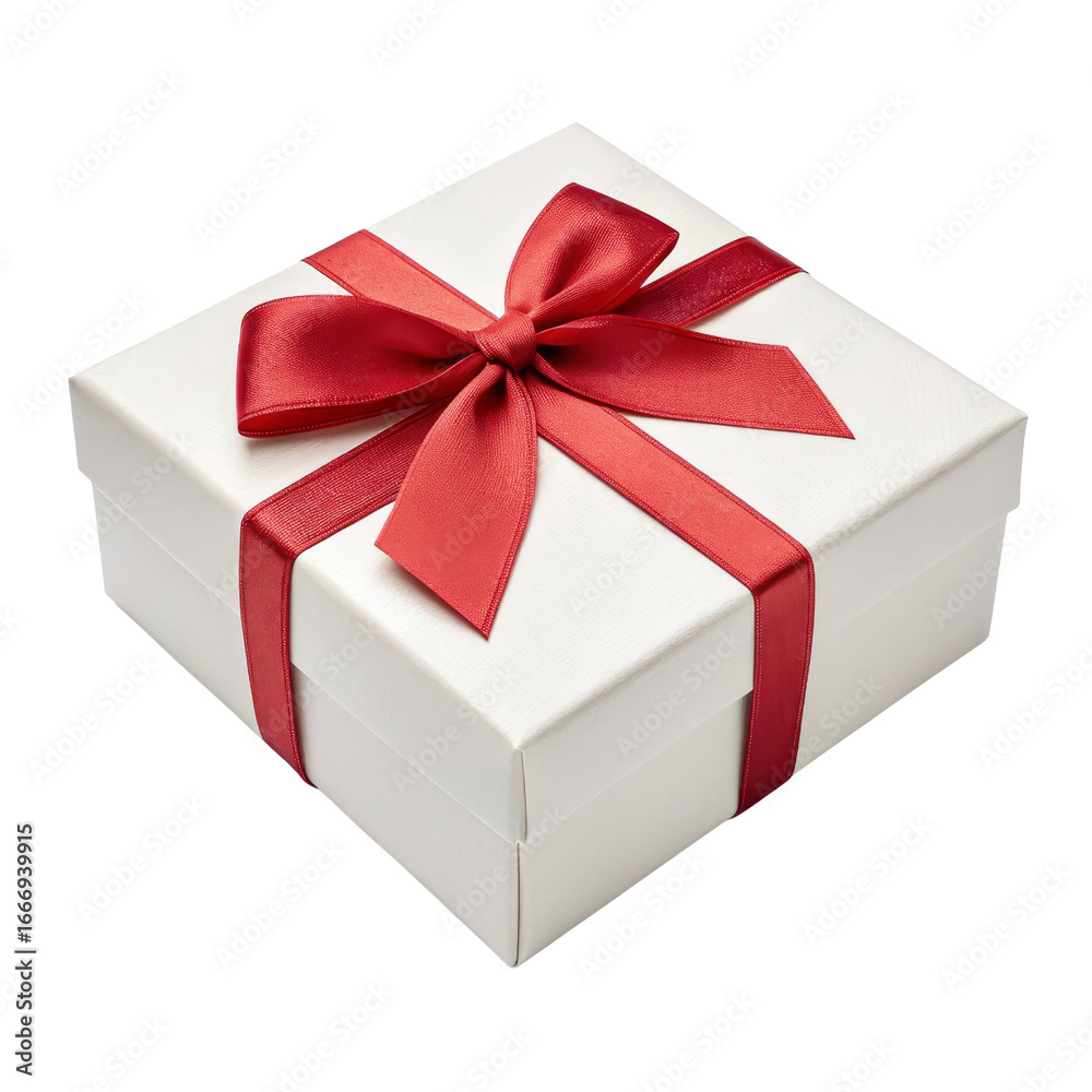 Obraz premium White Gift Box with Red Ribbon, Isolated on Transparent Background, Present, Holiday, Packaging, Gift, Celebration, Decoration